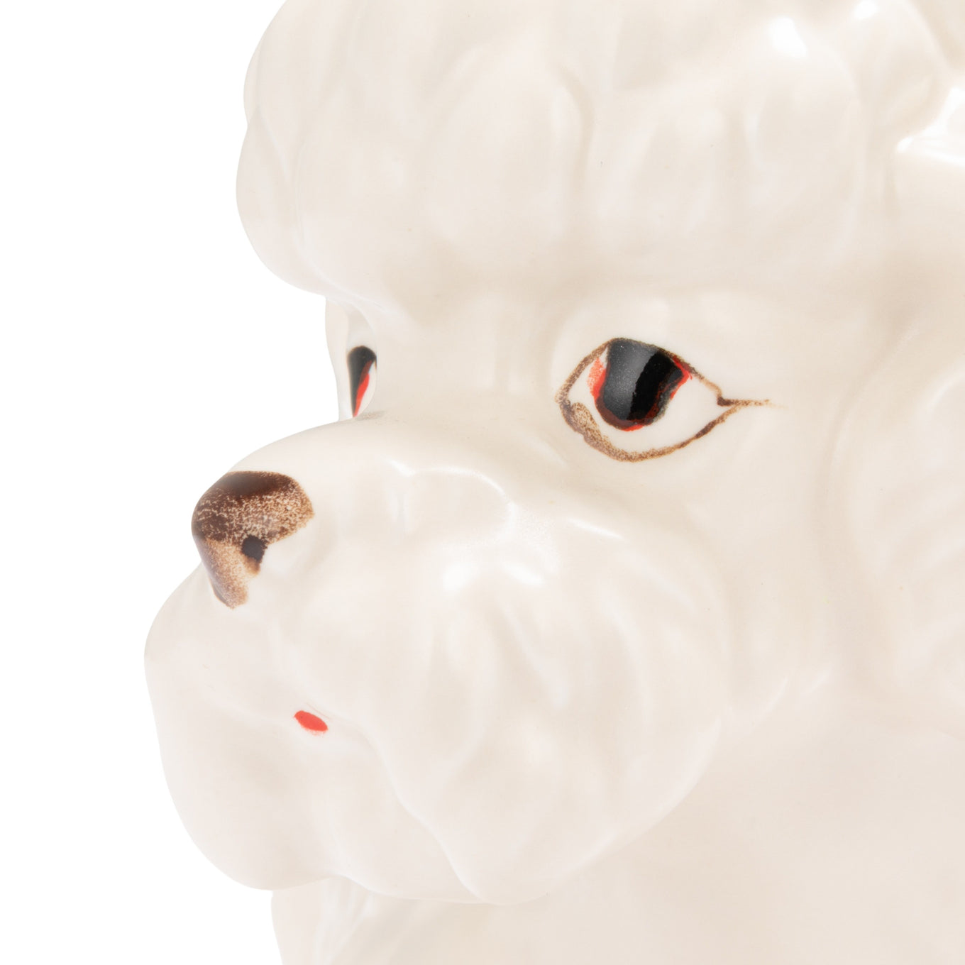 Hand-painted stoneware poodle planter with vintage reproduction design in white, brown, and black