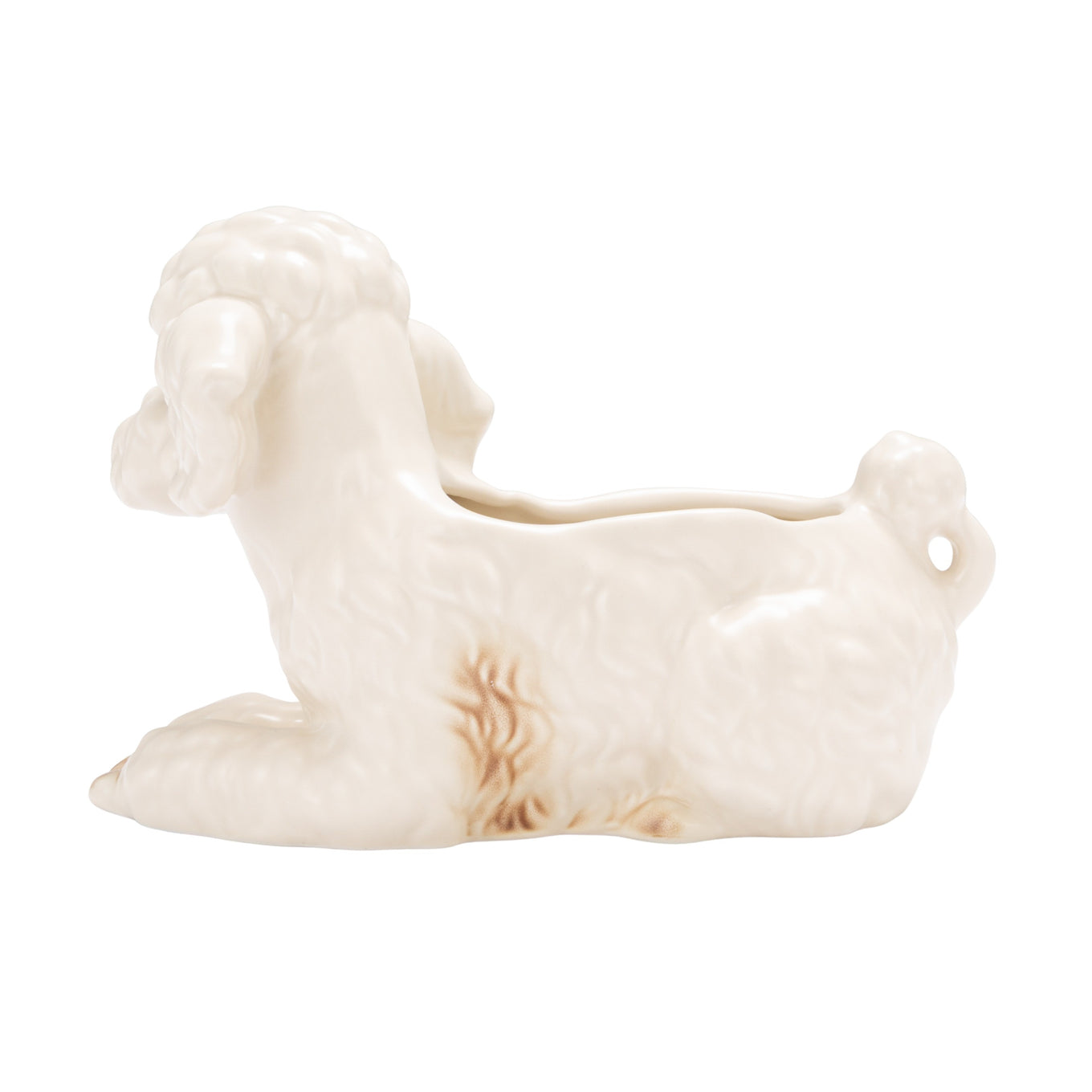 Hand-painted stoneware poodle planter with vintage reproduction design in white, brown, and black