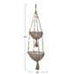 Two-tiered woven hanging basket with measurements on a white background