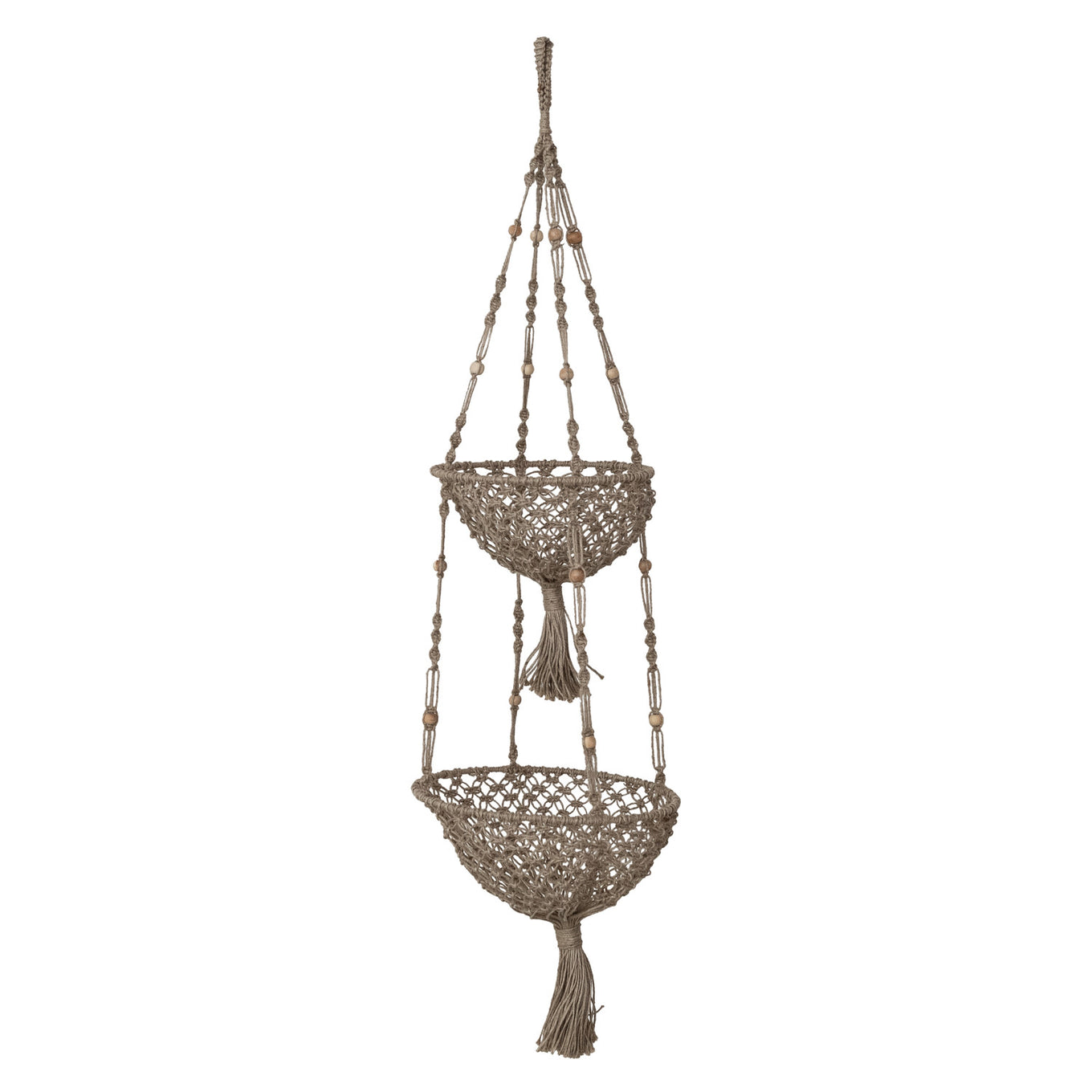 Woven hanging basket with a light bulb on a white background