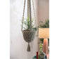 Macrame plant hanger with a plant against a neutral wall.