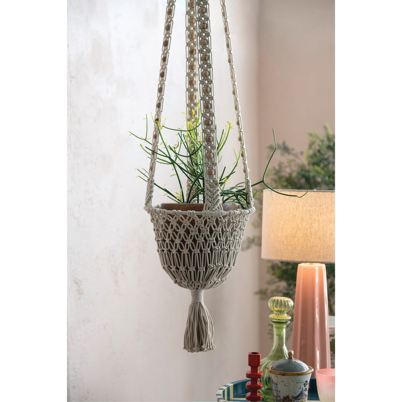 Macrame plant hanger with a plant against a neutral wall.