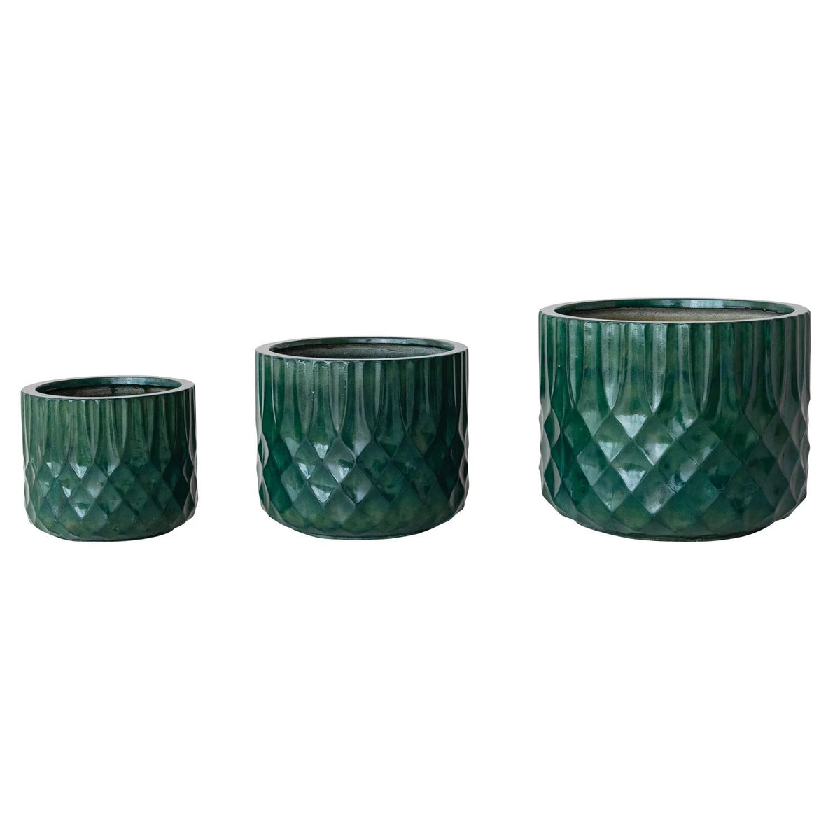 Three green textured planters of different sizes on a white background
