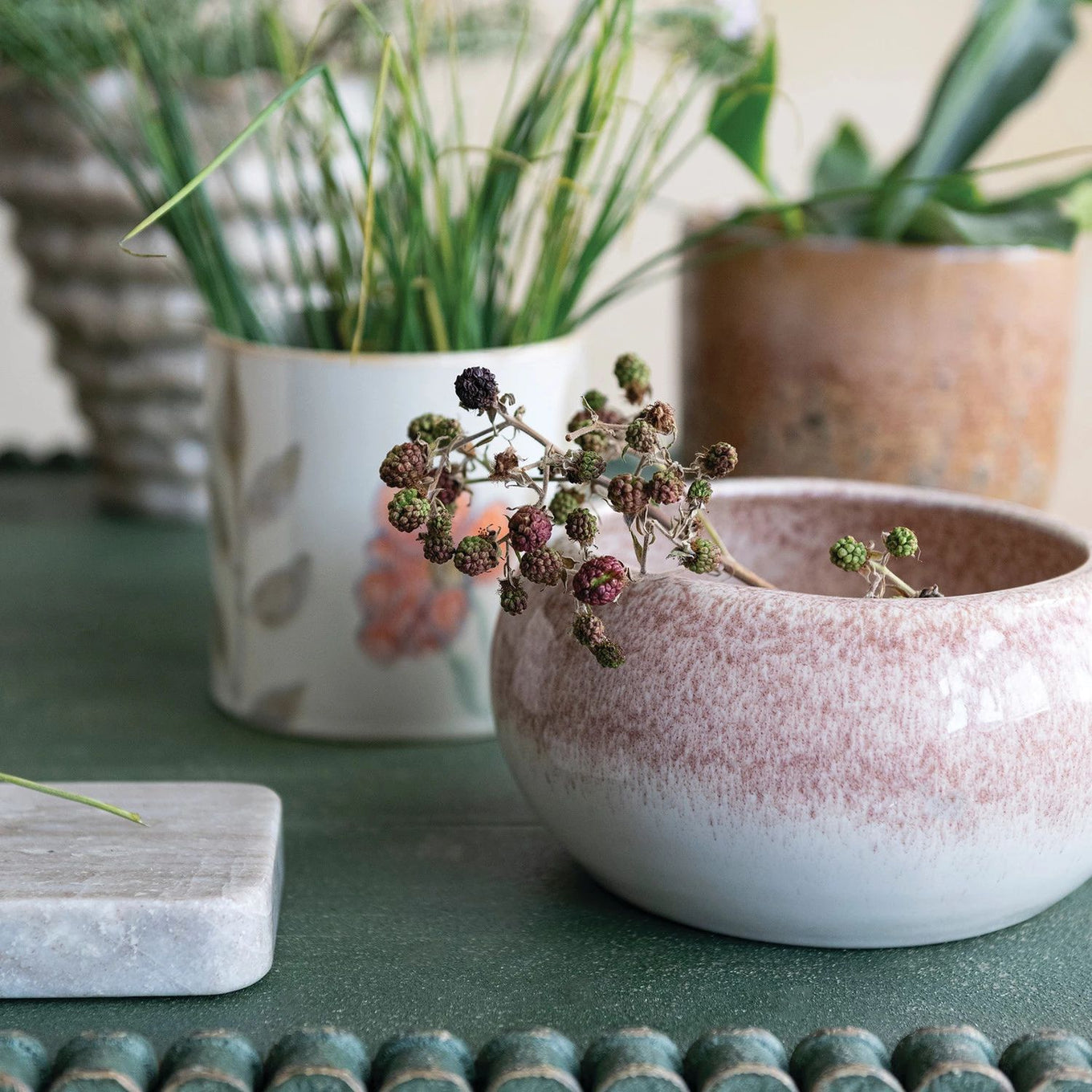 Ceramic bowl with dried plants on a green surface, surrounded by other plant pots.