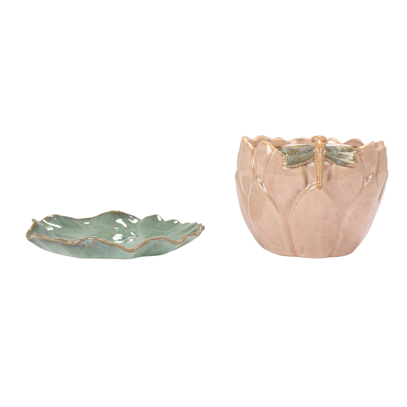 Two ceramic items, one green and one pink, on a white background