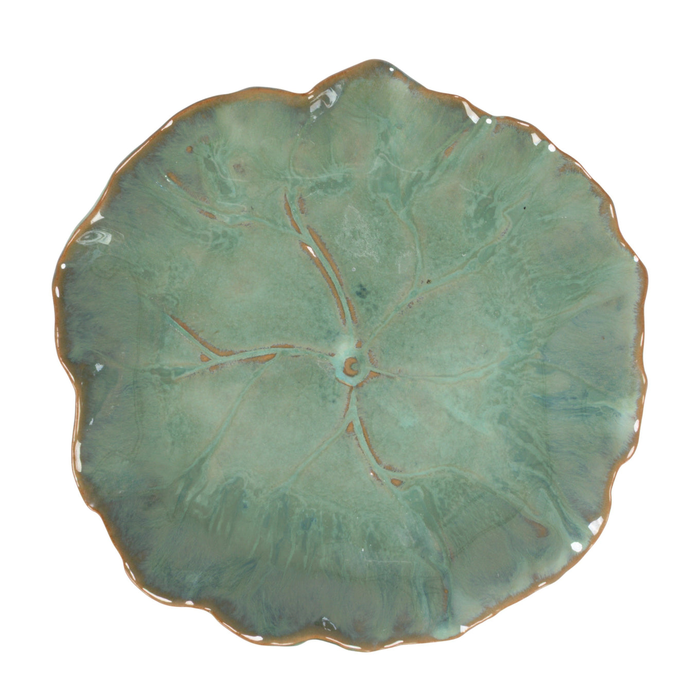 Round ceramic plate with a textured green surface on a white background