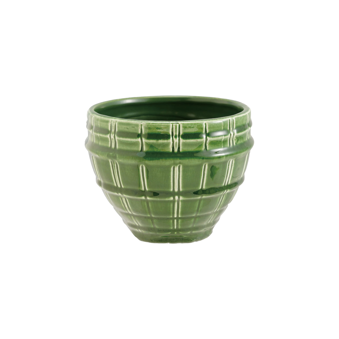 Green ceramic planter with textured design on a white background