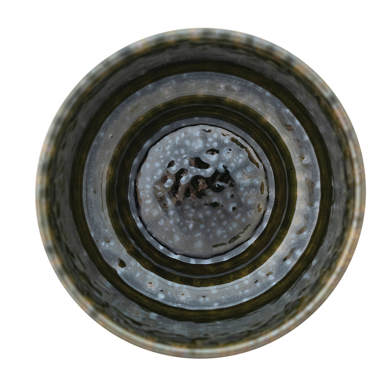 Stoneware planter with concentric circular patterns on a white background