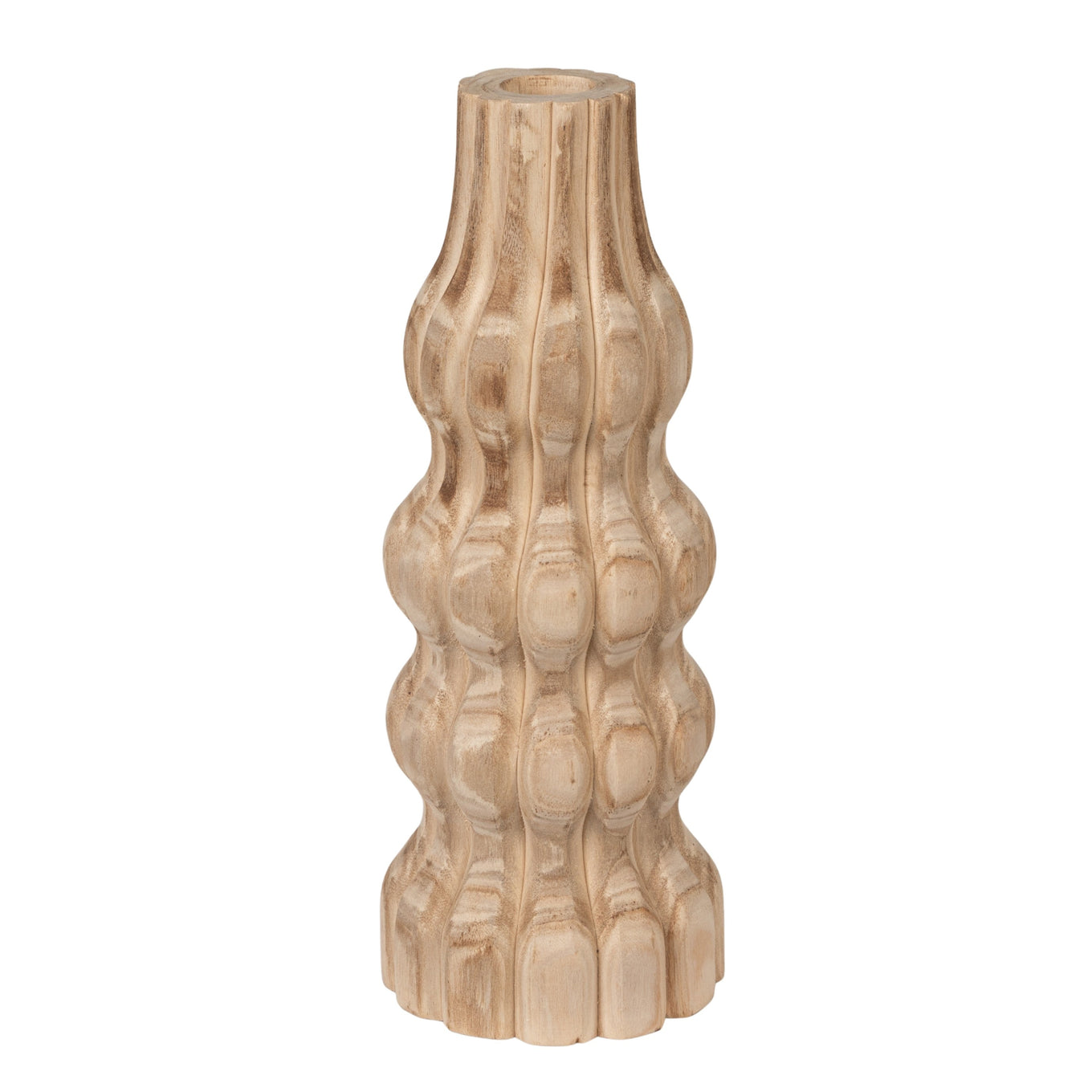 Wooden vase with textured design on a white background