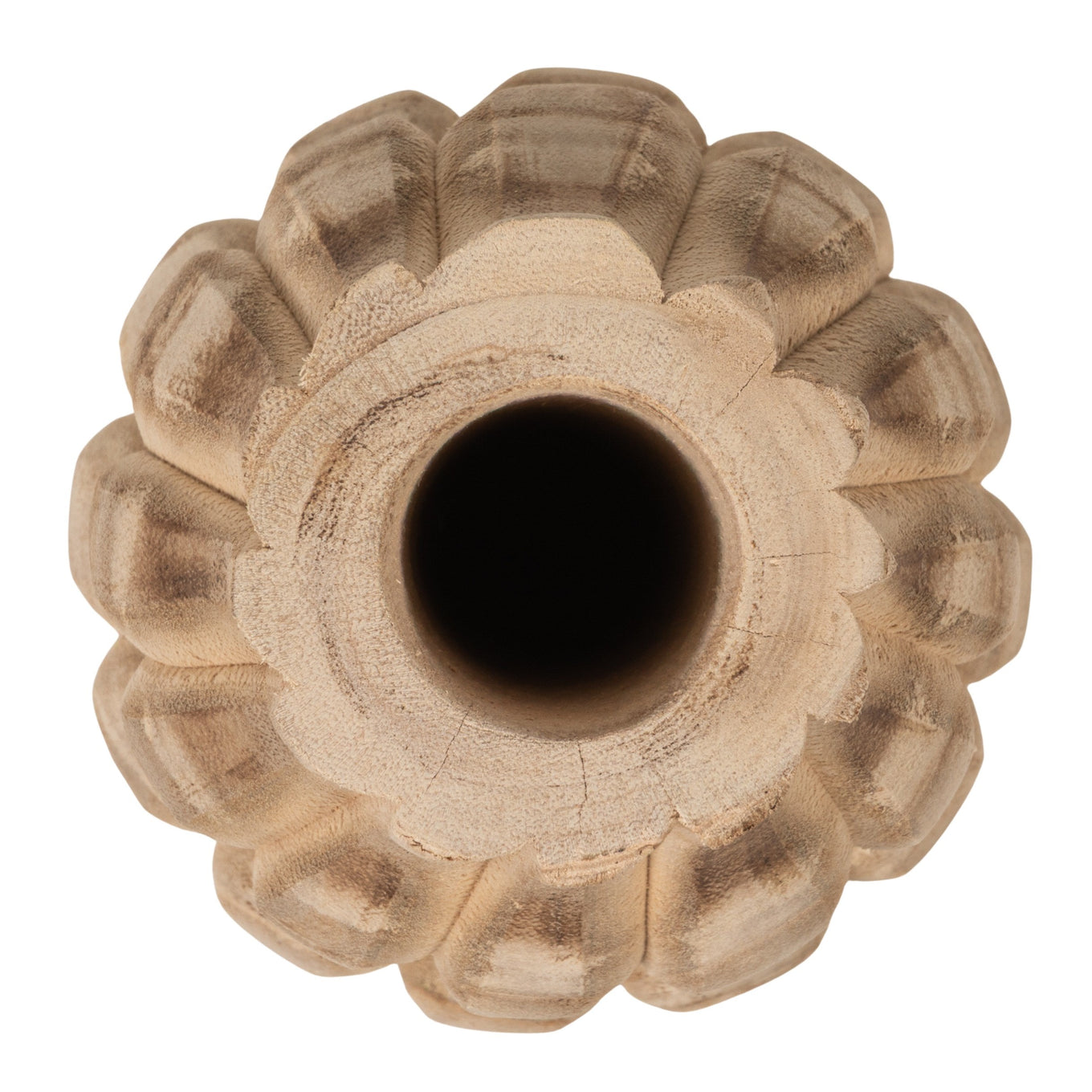 Wooden vase with textured design on a white background