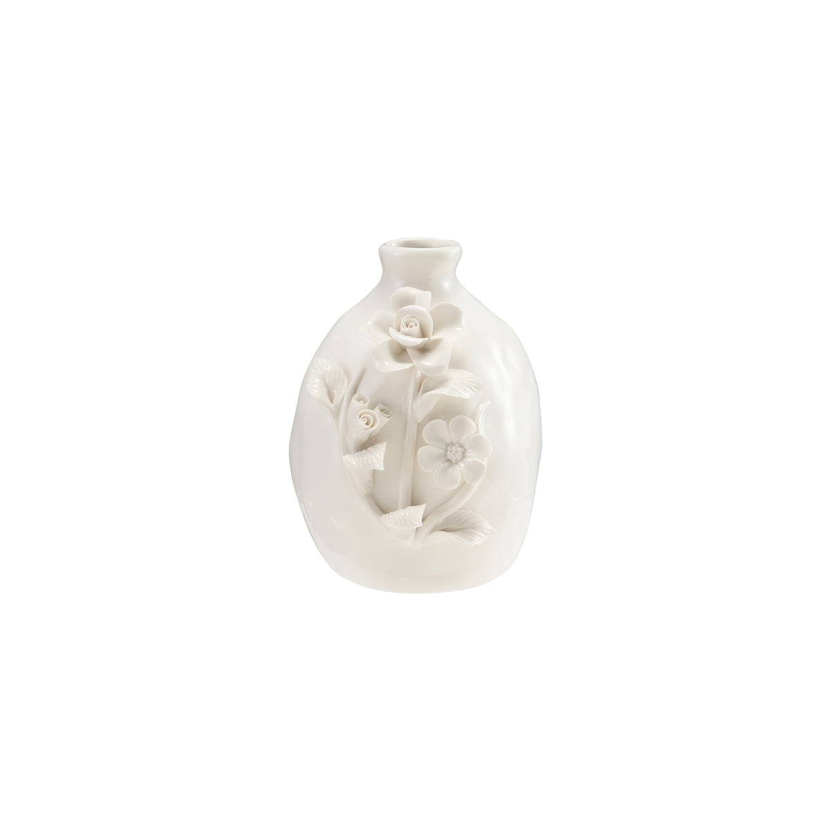 White ceramic vase with floral designs on a white background