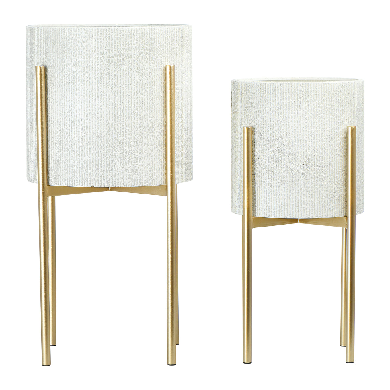 Two white textured planters with gold stands on a white background