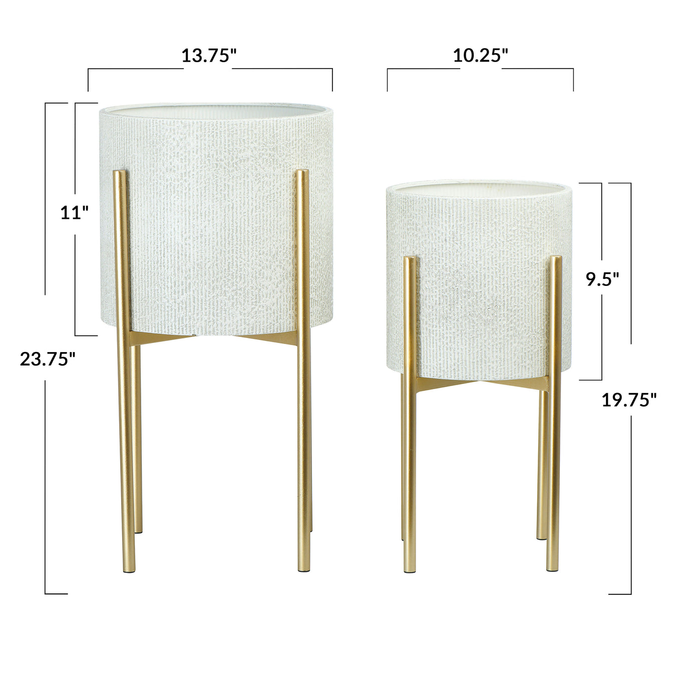 Two white textured planters with gold stands on a white background