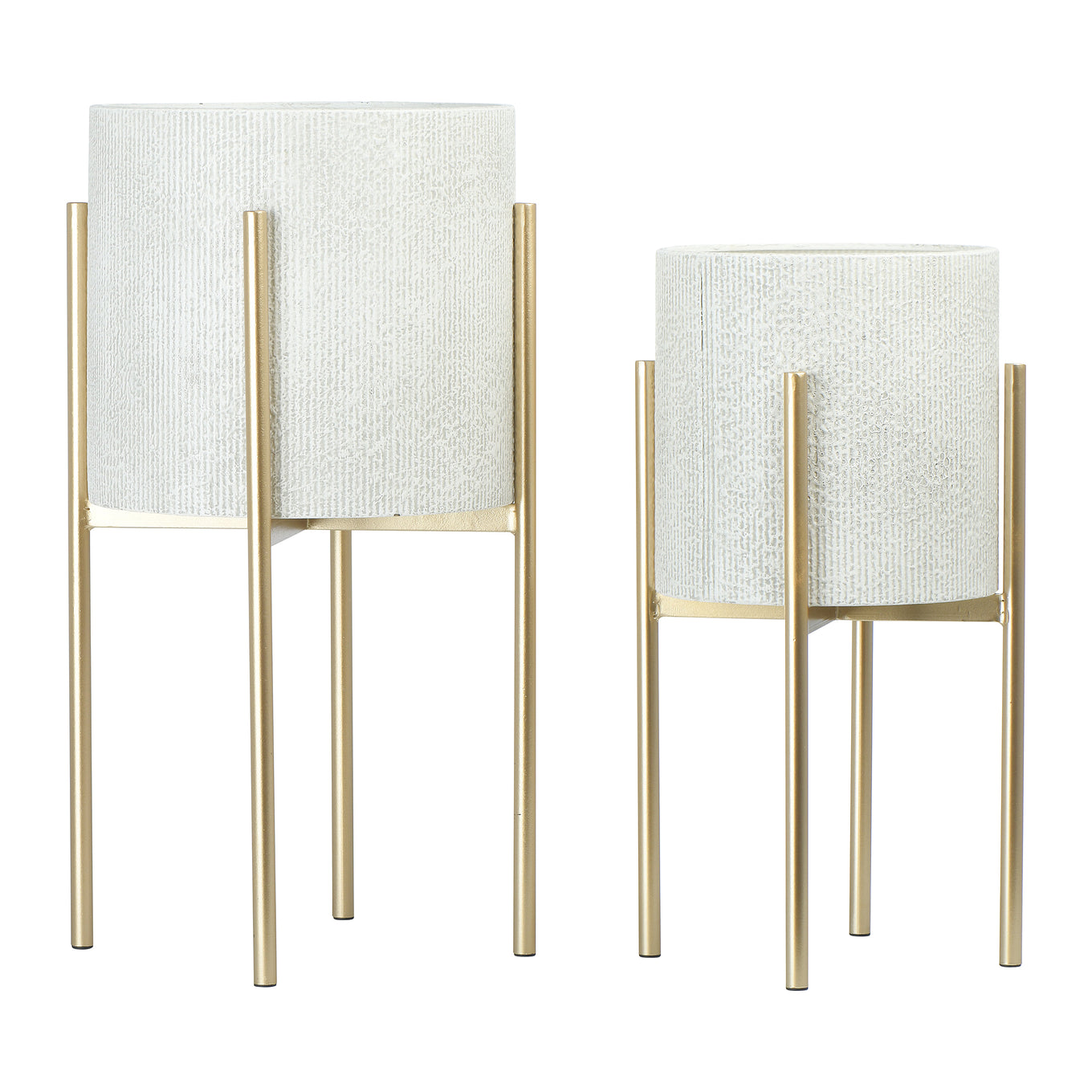 Two white textured planters with gold stands on a white background