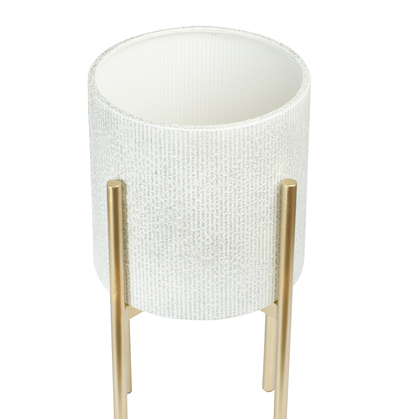 White woven basket with gold metal stand on a white background