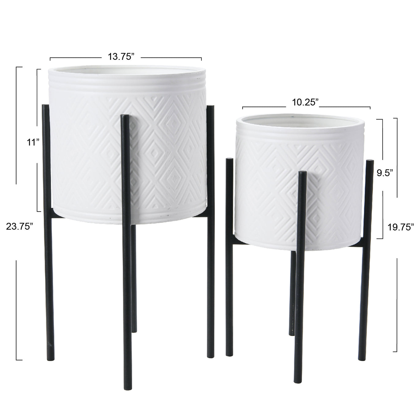 Two white textured planters with black stands and dimensions labeled on a white background