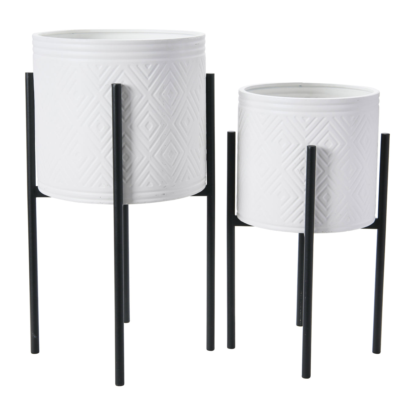 Two white textured planters with black stands on a white background