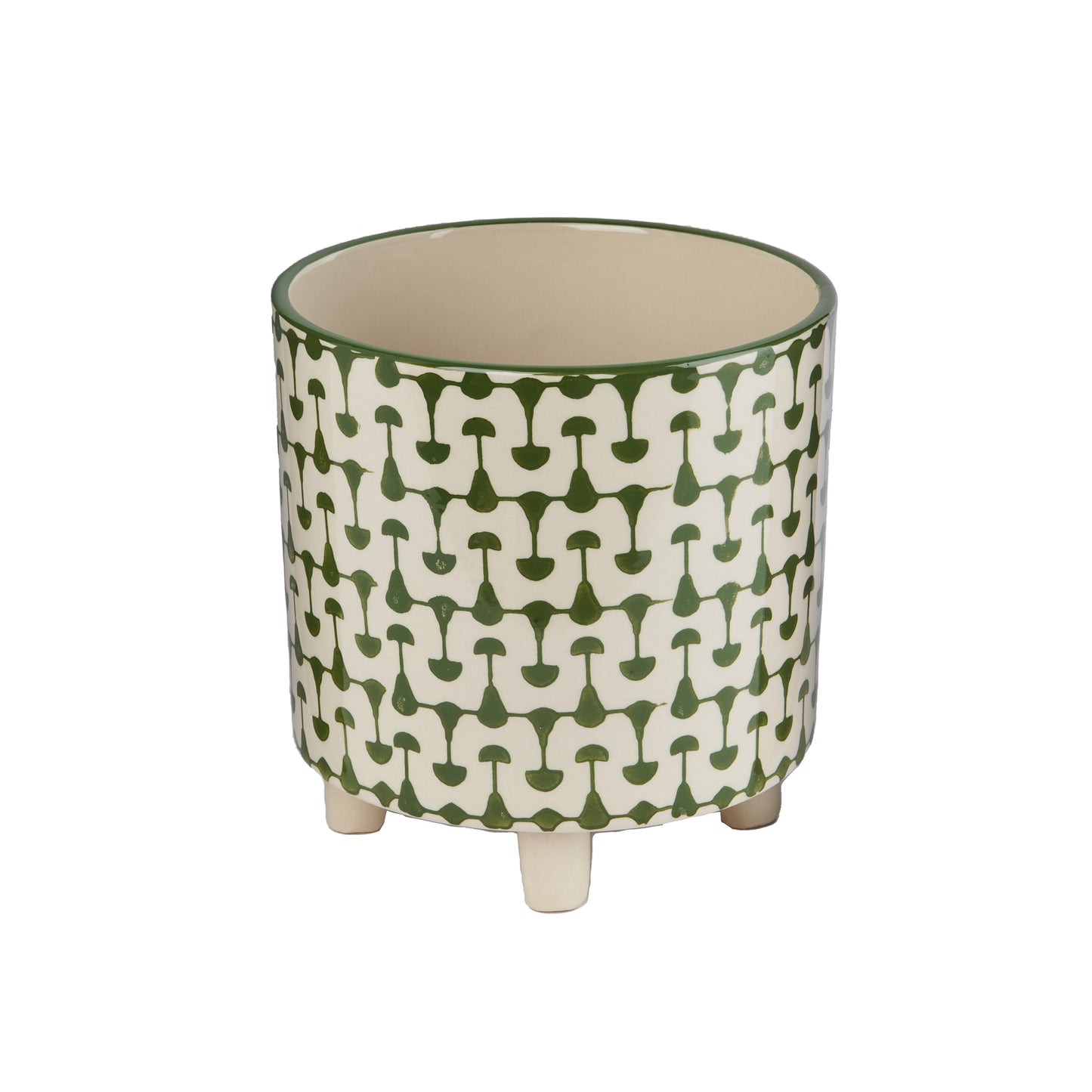 Green & White Footed Stoneware Planter with Abstract Print