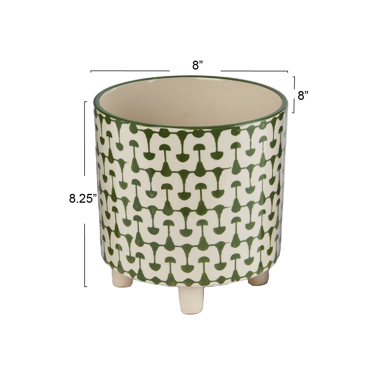 Green & White Footed Stoneware Planter with Abstract Print