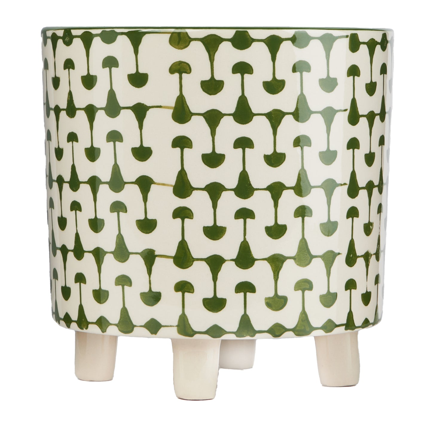 Green & White Footed Stoneware Planter with Abstract Print