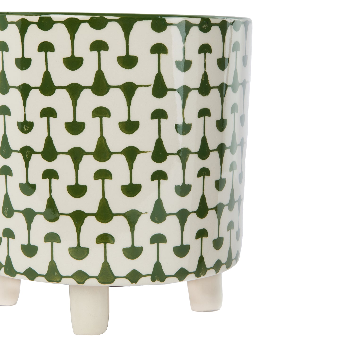 Green & White Footed Stoneware Planter with Abstract Print