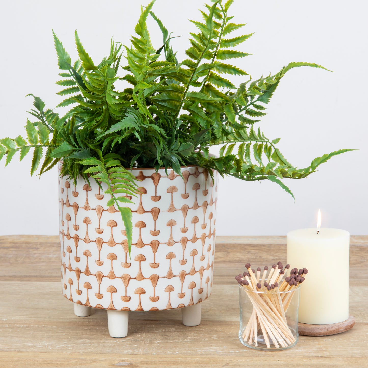 Rust & White Footed Stoneware Planter with Abstract Print