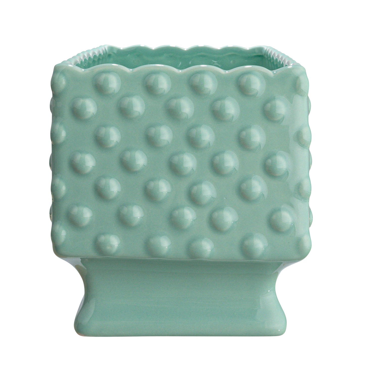 Mint Ceramic Hobnail Planter with Scalloped Edge & Polka Dots