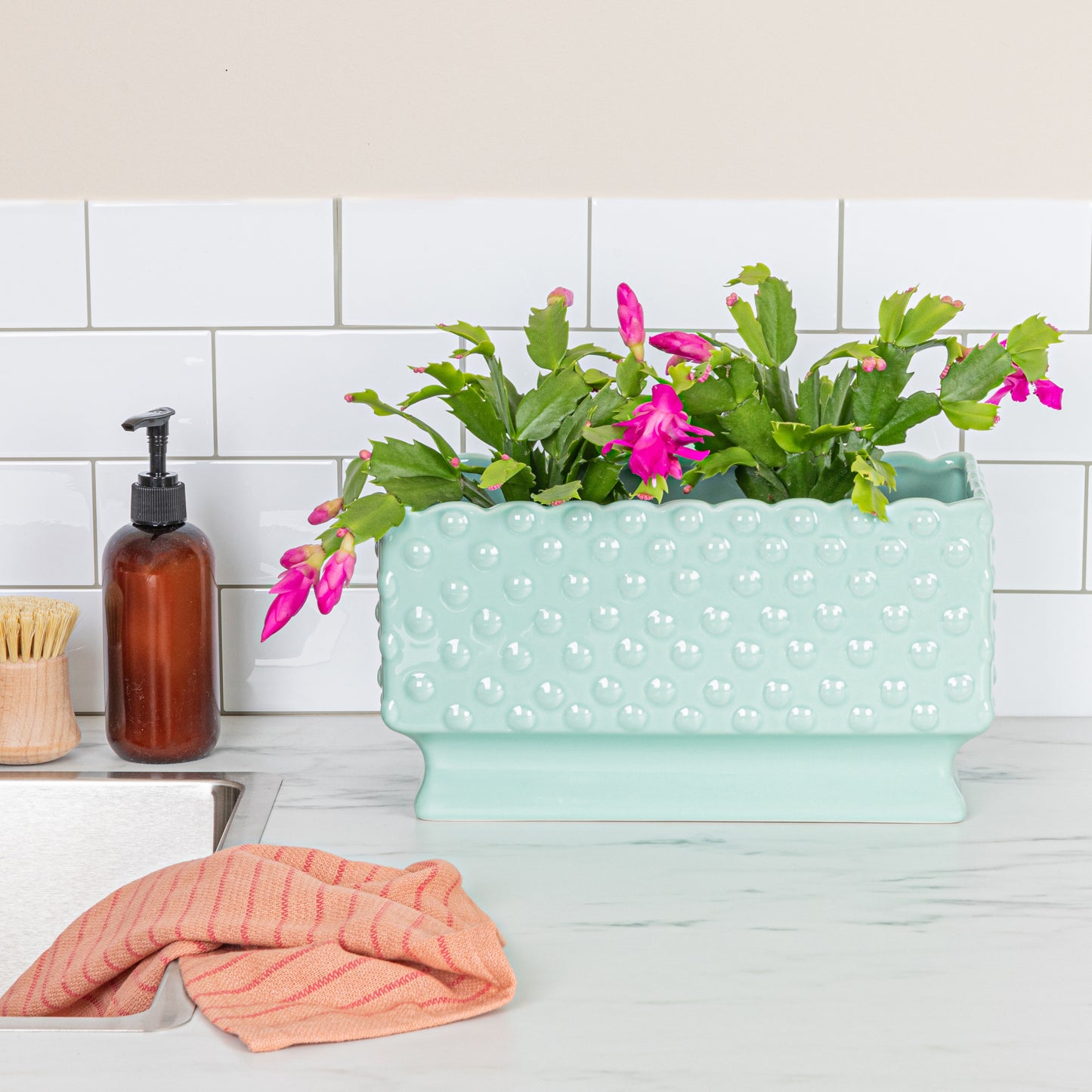 Mint Ceramic Hobnail Planter with Scalloped Edge & Polka Dots