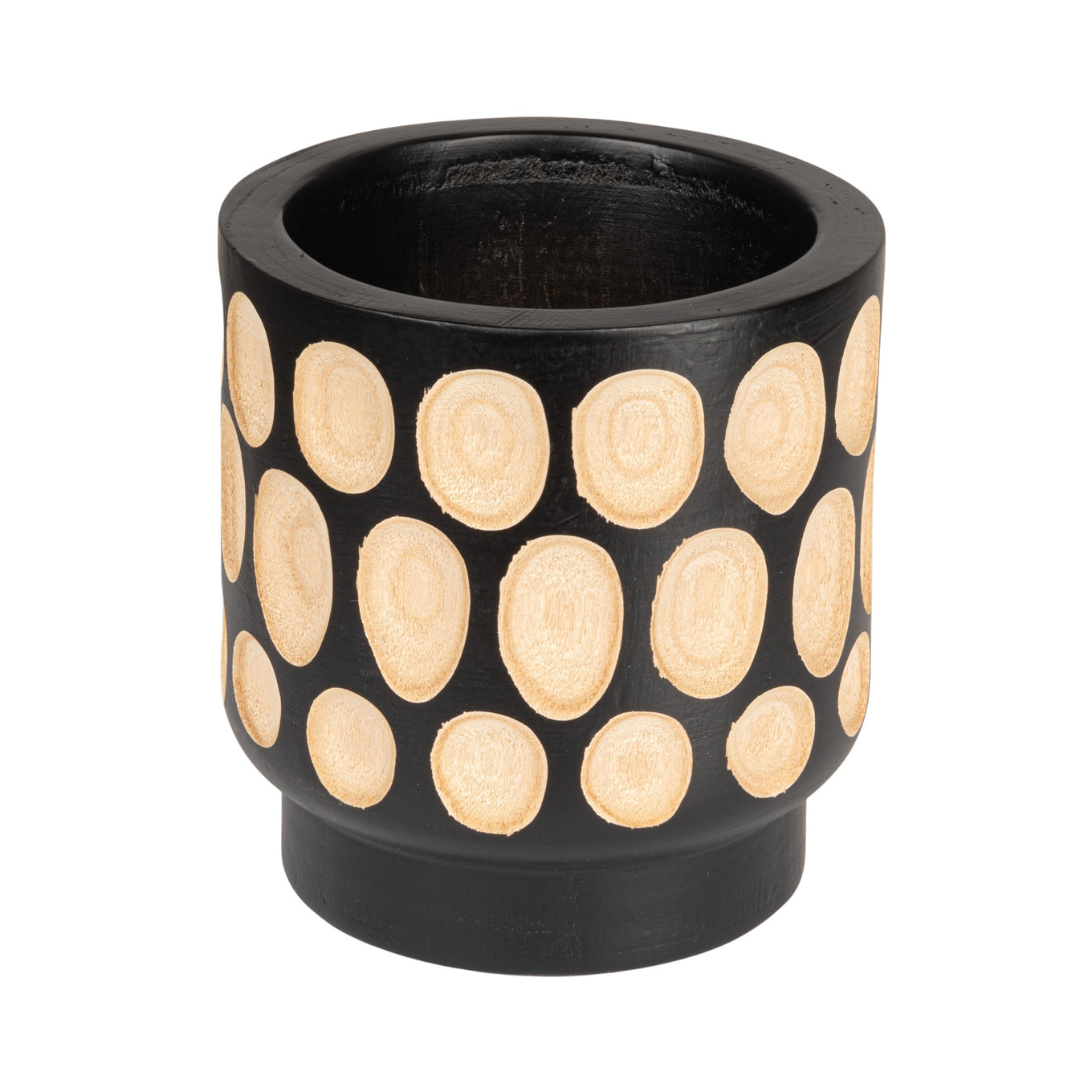 Black planter with beige circular patterns on a white background