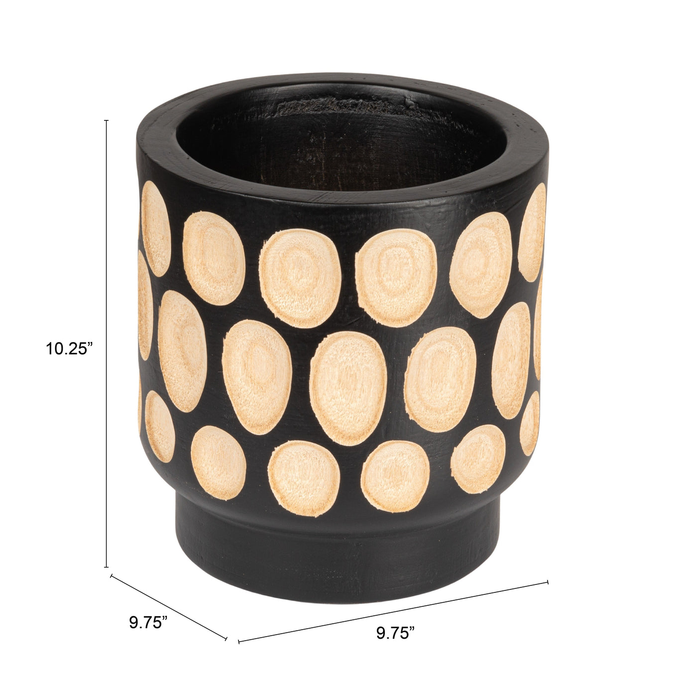 Black planter with circular patterns on a white background