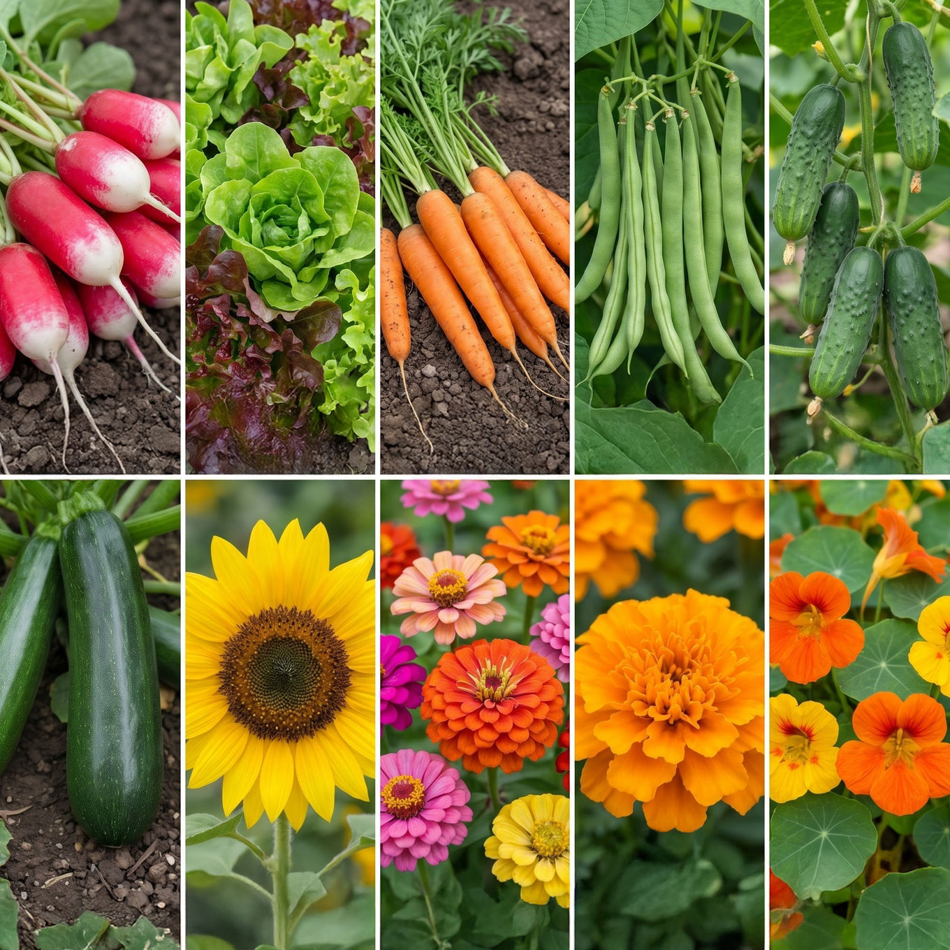 Ten flowers and vegetables in a grid 
