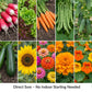 Ten flowers and vegetables in a grid with call out "Direct Sow - Now Indoor Starting Needed" 