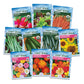 Ten seed packets with flowers and vegetables