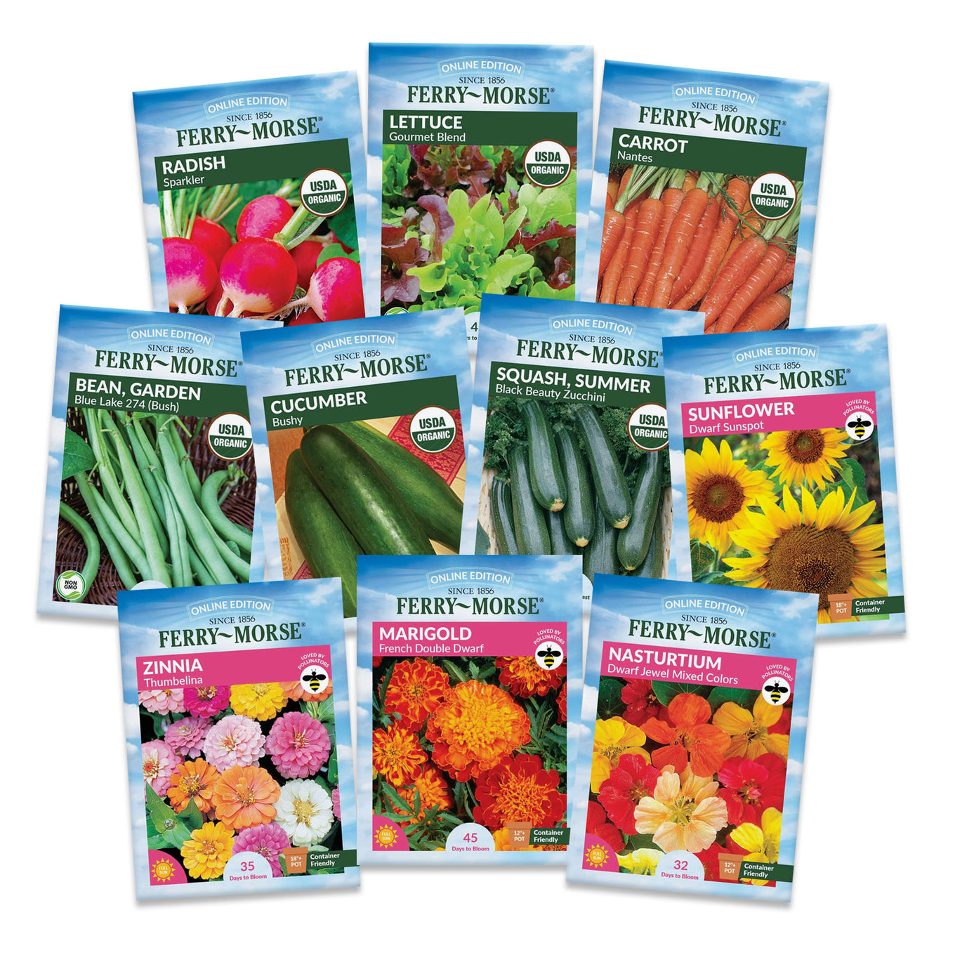 Ten seed packets with flowers and vegetables
