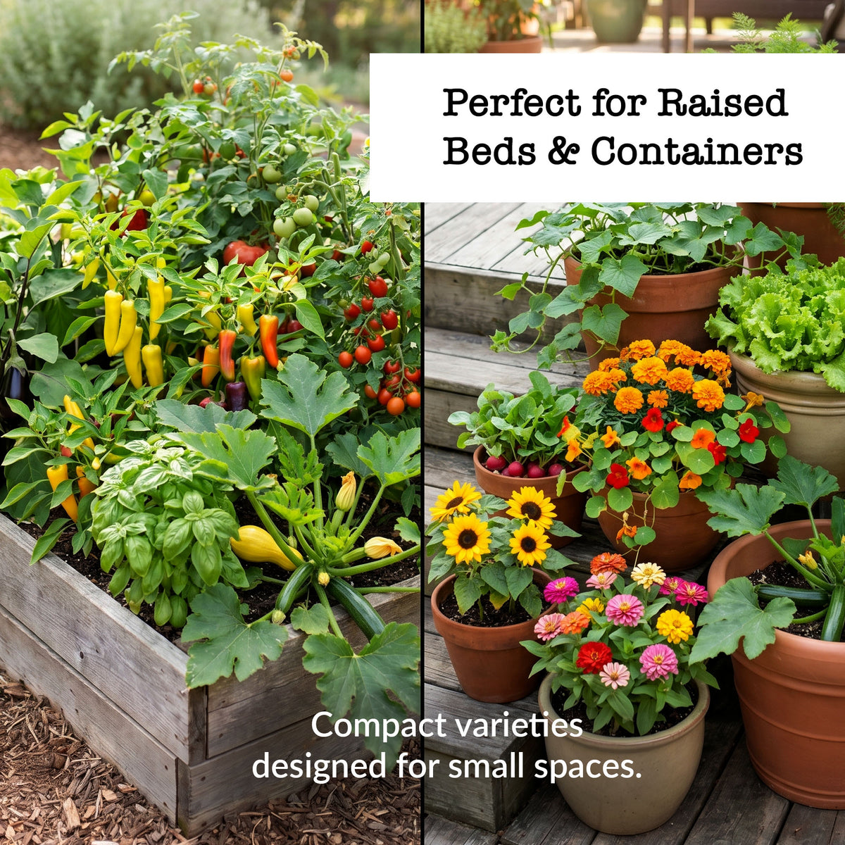 Split image of vegetable growing in a raised garden bed and flowers growing in containers. Call out says 