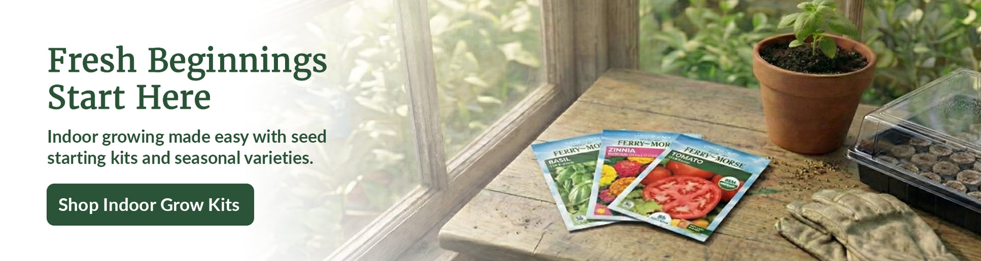 Illustrated holiday banner with hand-drawn garden tools, plants, flowers, and wrapped gifts surrounding the headline “Plant Joy This Holiday Season.” A green button below reads “Click Here to Shop Holiday Gifts for Gardeners."