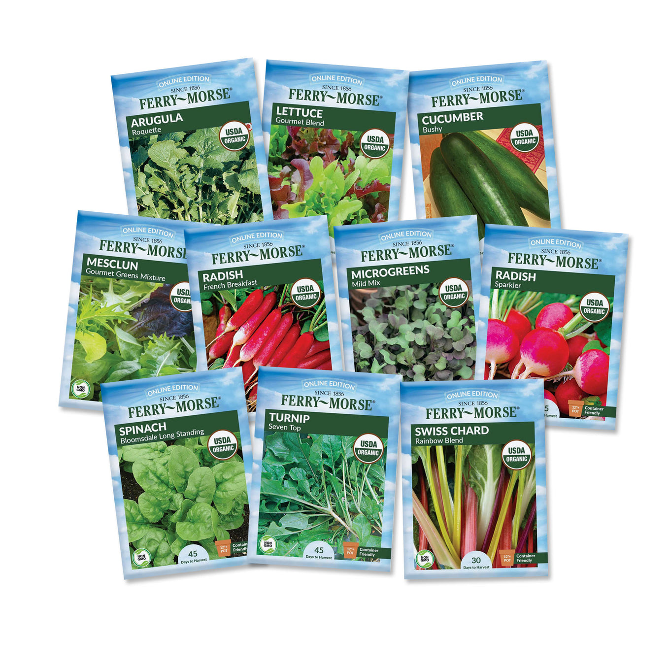 Collection of Ferry-Morse seed packets for various vegetables on a white background