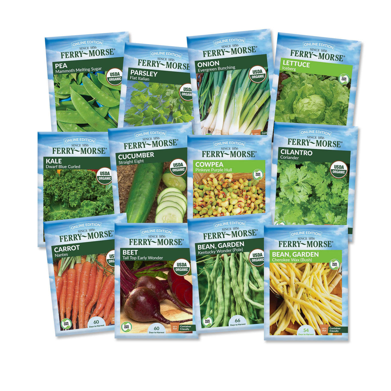 Collection of Ferry-Morse seed packets with various vegetables on a white background