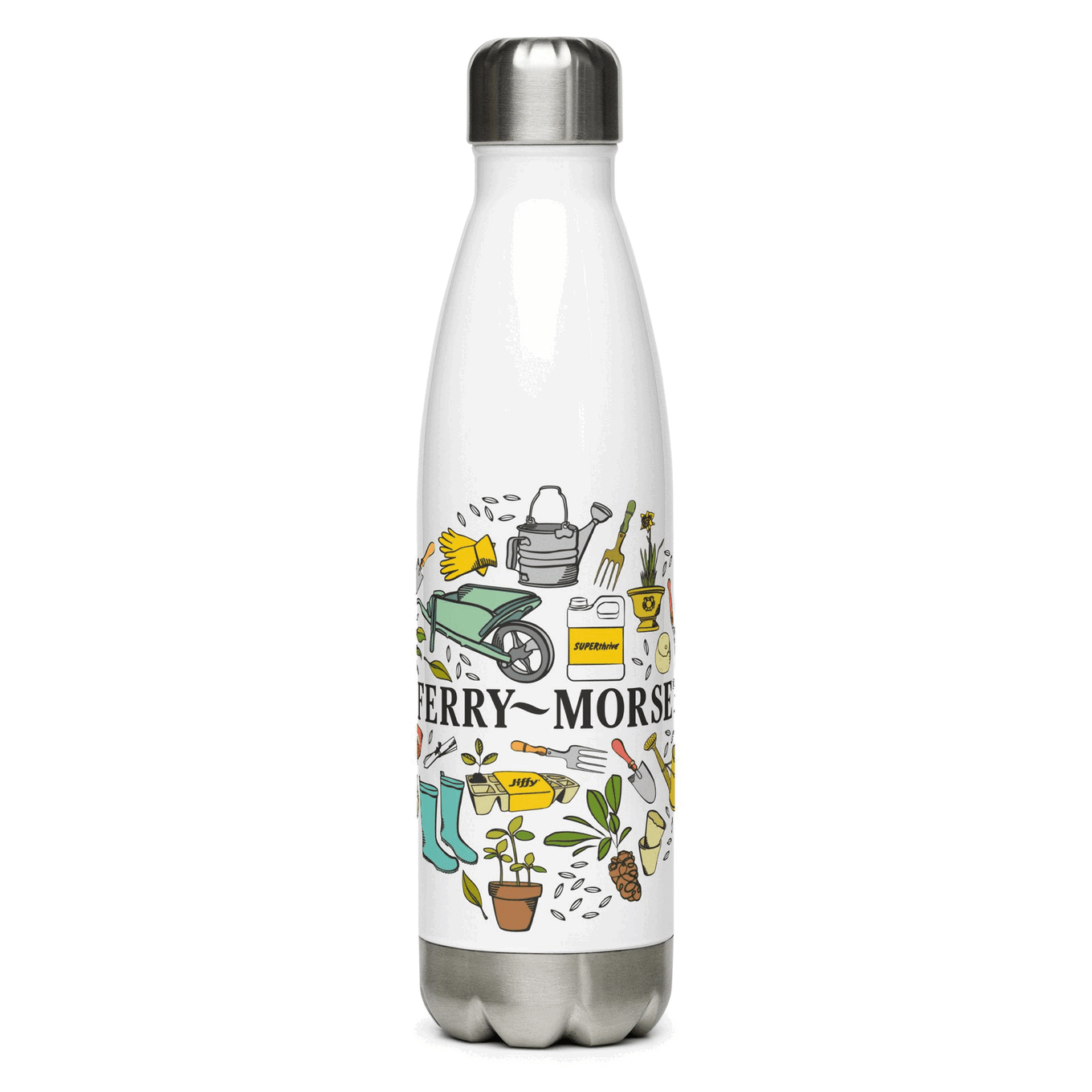 Ferry-Morse stainless steel water bottle with logo rotating gif
