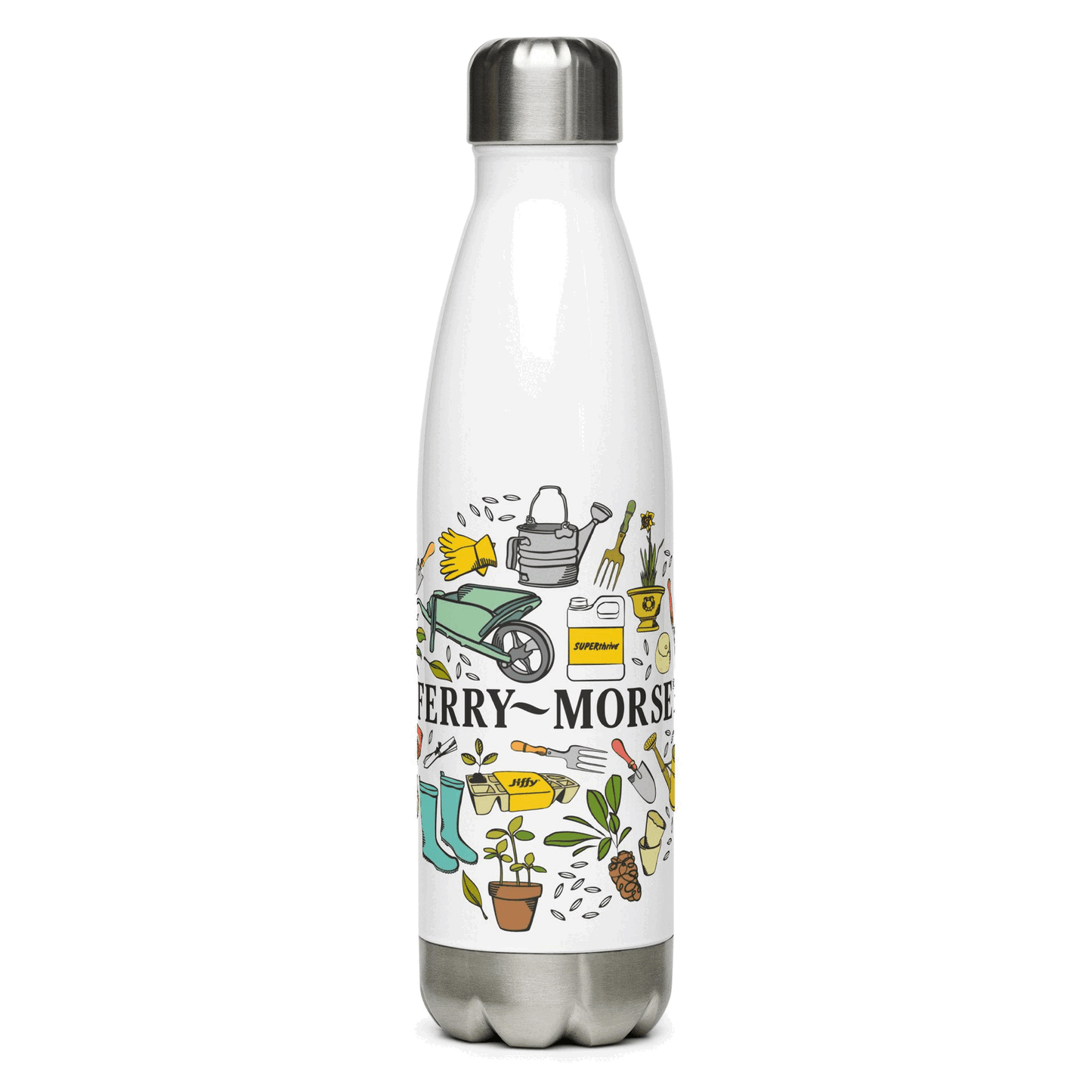Ferry-Morse stainless steel water bottle with logo rotating gif