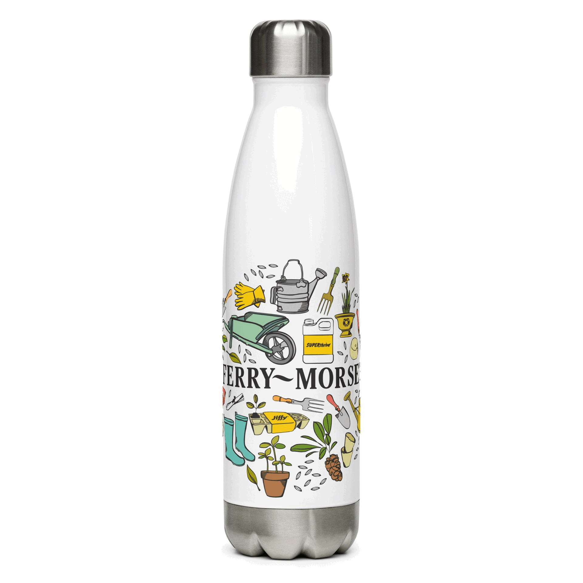 Ferry-Morse stainless steel water bottle with logo rotating gif
