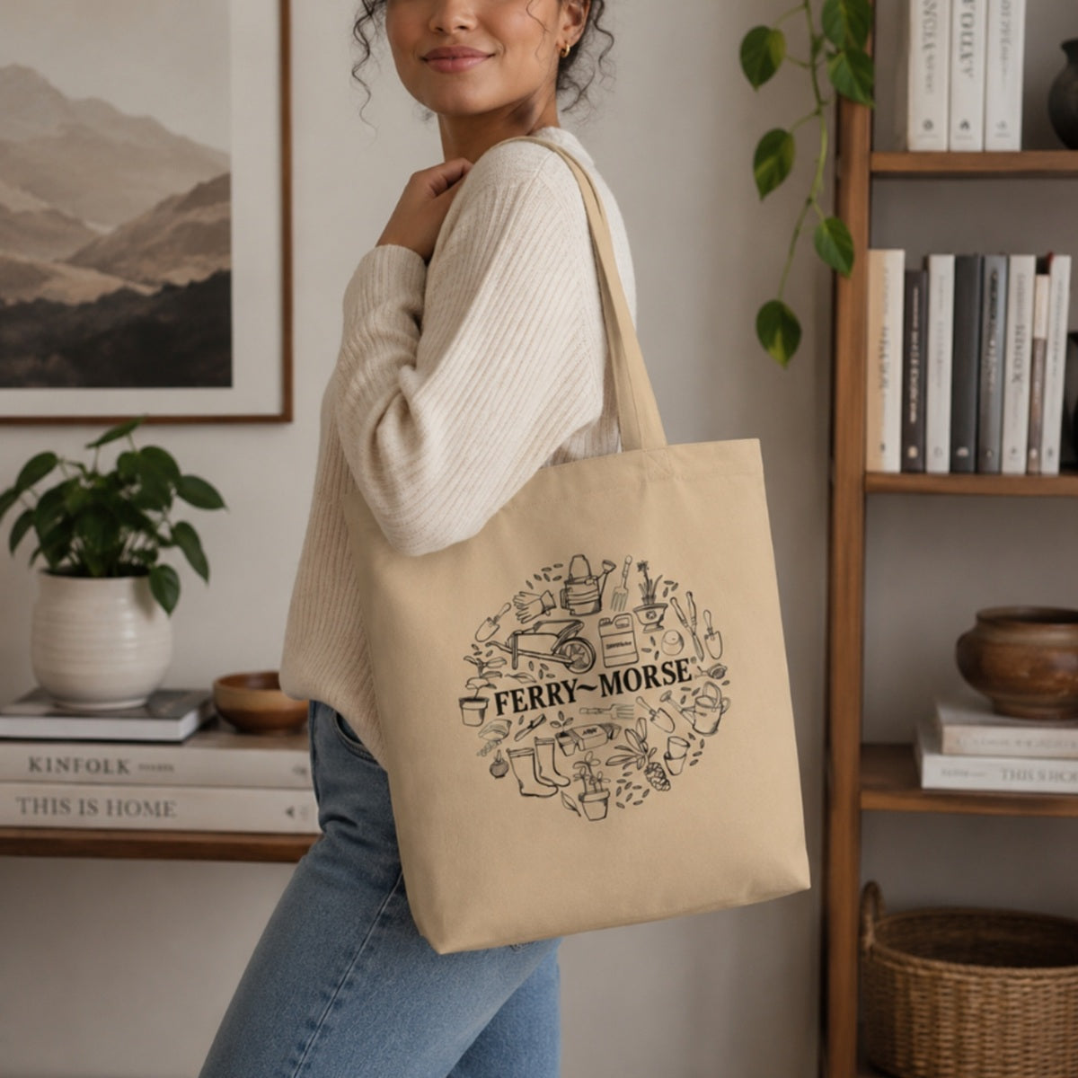 Woman holding a Ferry-Morse tote bag in the office setting