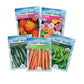 Five Ferry-Morse seed packets for marigold, zinnia, squash, carrot, and lettuce on a white background.