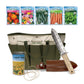 Gardening kit with tote bag, knife, and seed packets on a white background