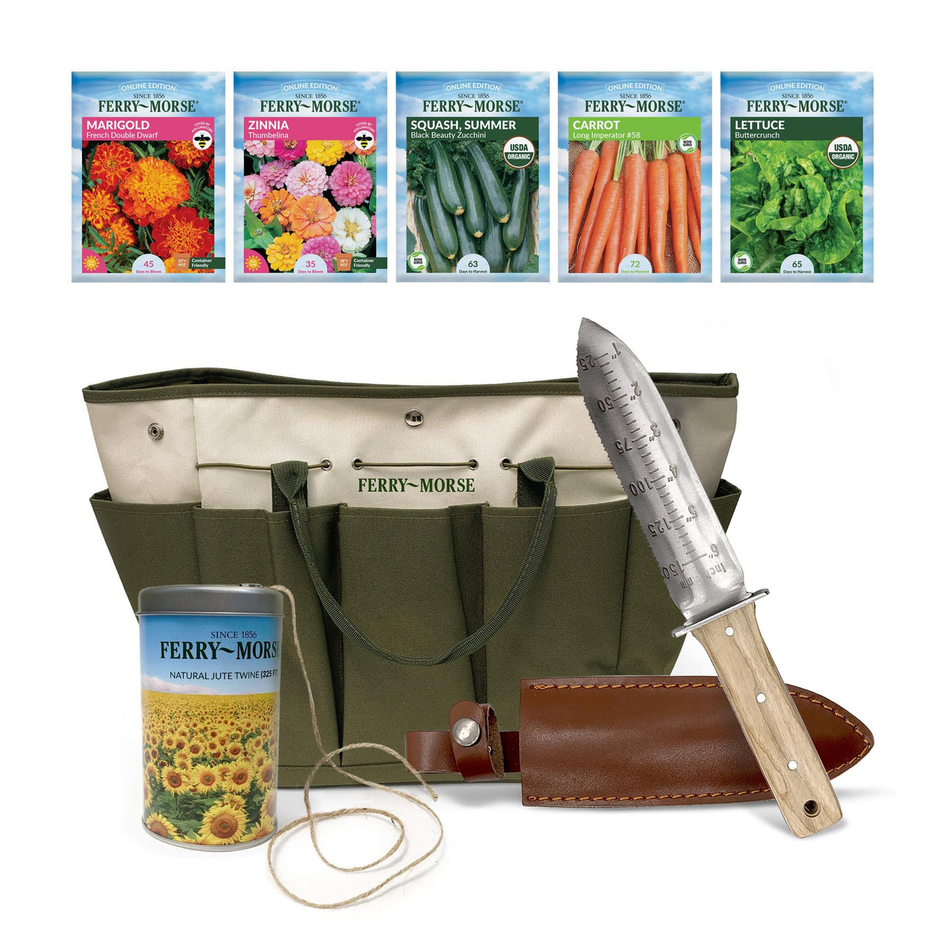 Gardening kit with tote bag, knife, and seed packets on a white background