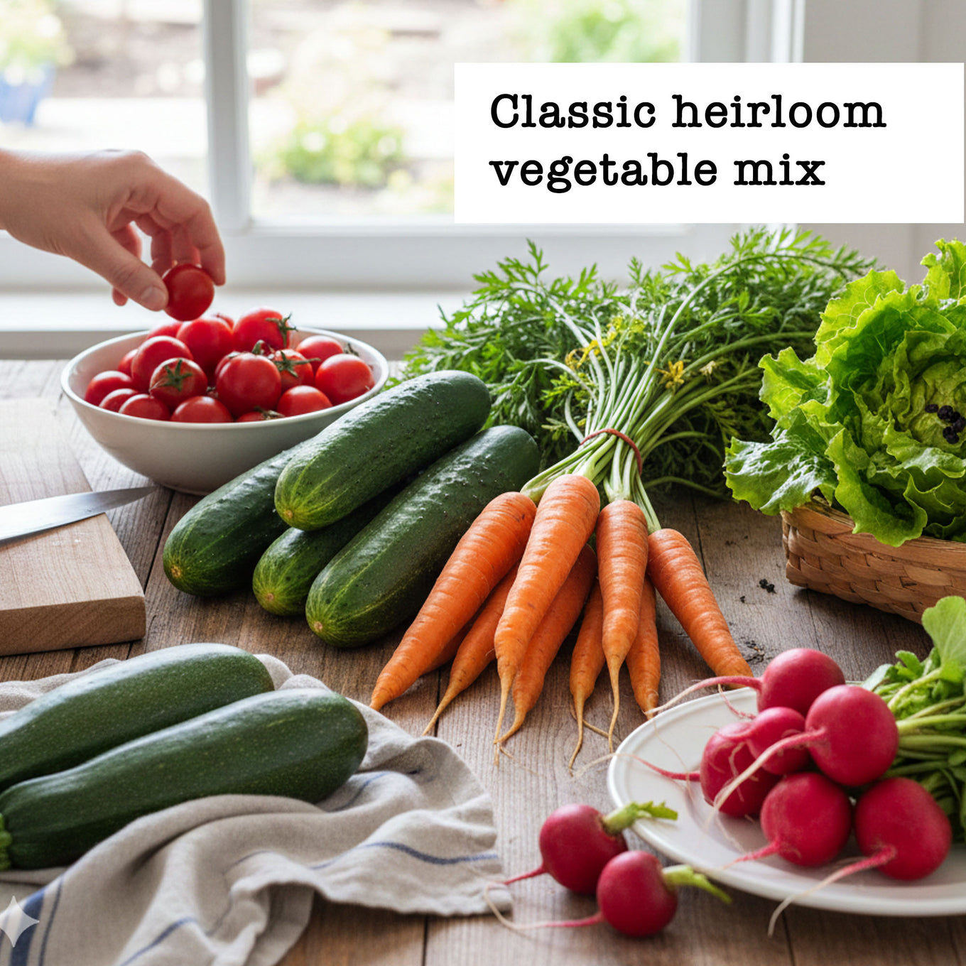 Assorted heirloom vegetables including tomatoes, cucumbers, carrots, and radishes on a wooden table.