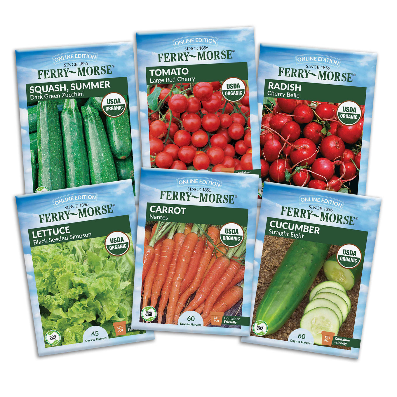Collection of Ferry-Morse seed packets for various vegetables on a white background