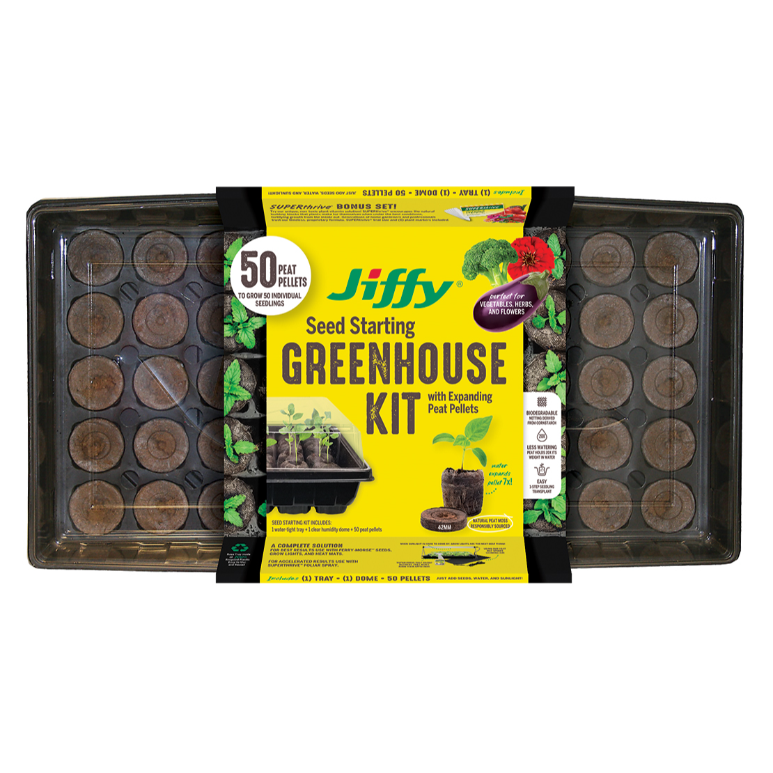 Jiffy brand seed starting greenhouse kit packaging featuring a tray with 50 peat pellets for starting plants, with a yellow and green label, and a clear humidity dome.