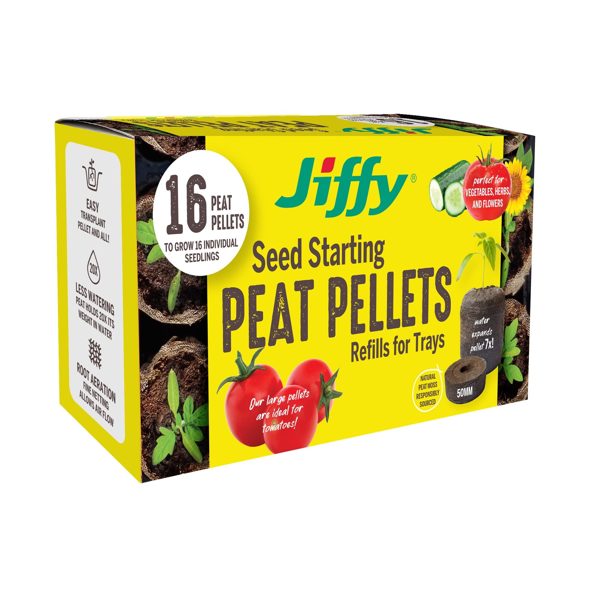 A pack of Jiffy brand seed starting peat pellets, with 16 pellets refill packaging, suitable for tomatoes and peppers.