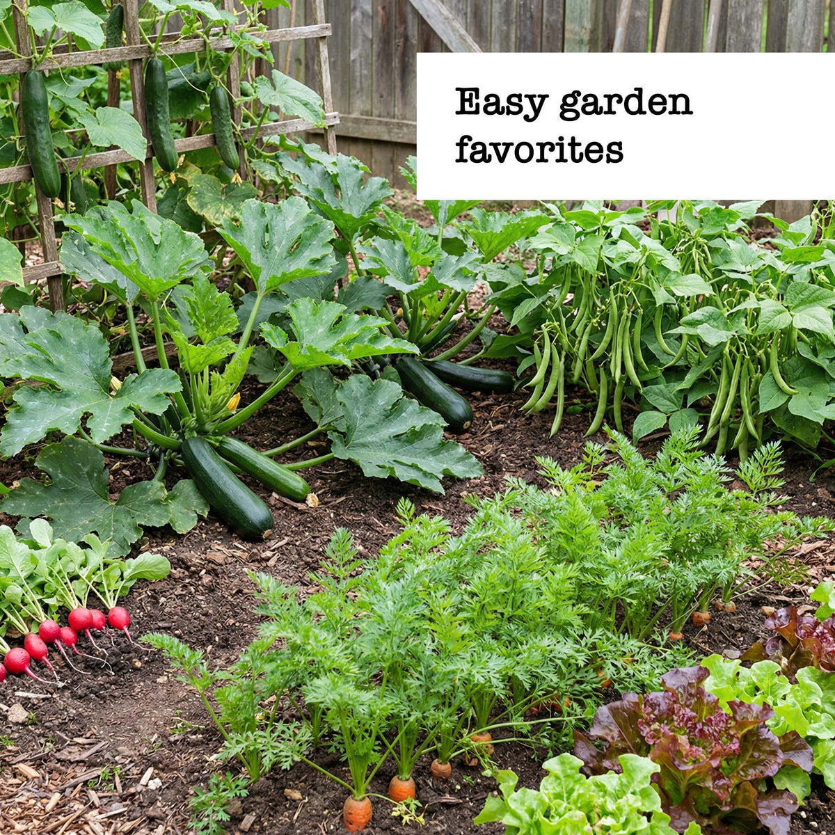 Vegetable garden with call out saying easy garden favorites 